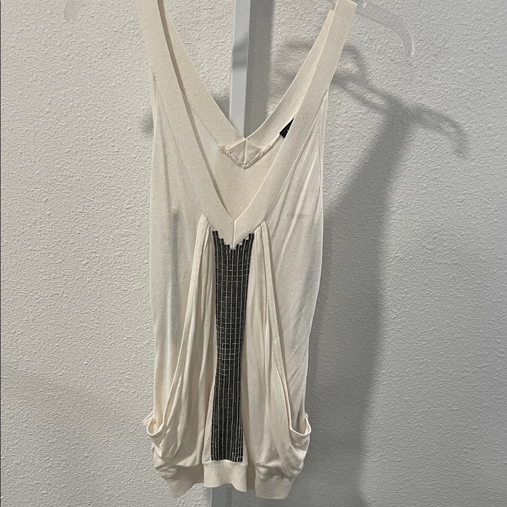 bebe Cream V-Neck Tank with Bronze Vertical Accent